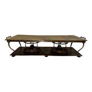 Antique Brass Double Burner Warming Stand Chafing Dish Base Hammered Top C. 1890–1910 For Sale