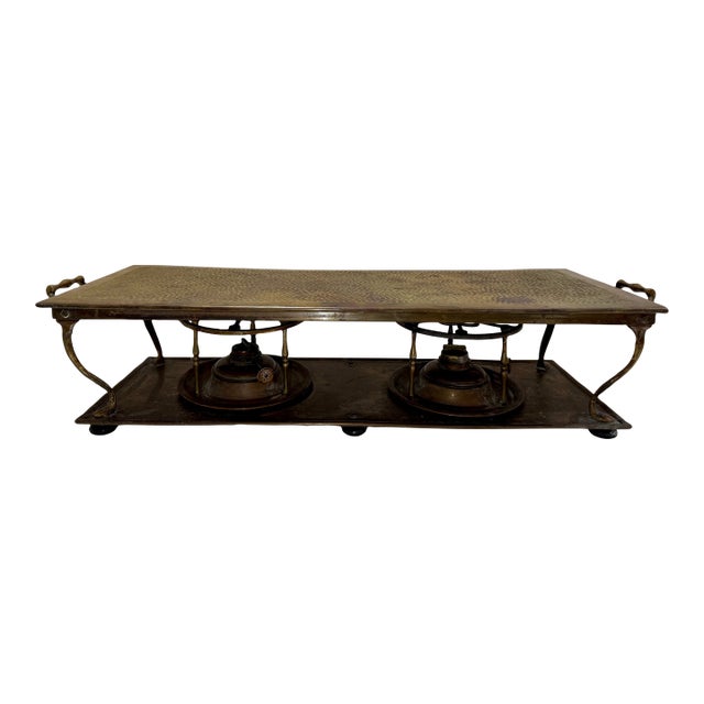 Antique Brass Double Burner Warming Stand Chafing Dish Base Hammered Top C. 1890–1910 For Sale