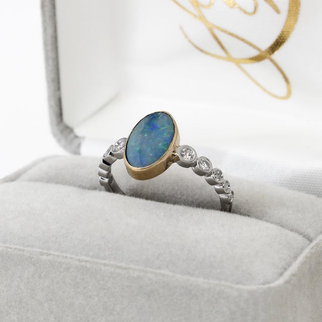 Metal 1ct, 11x7mm Australian Opal Ring W Natural Diamonds in 14k White and Yellow Gold For Sale - Image 7 of 7