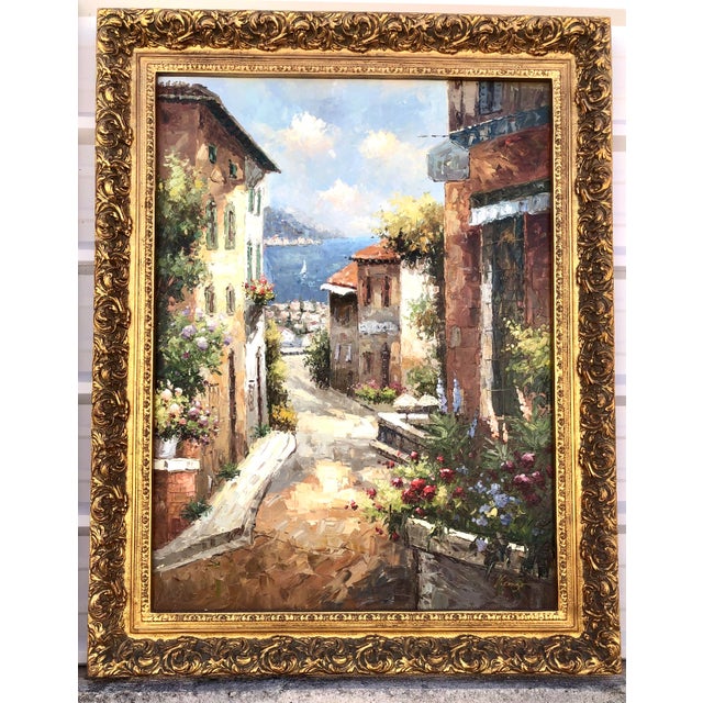 1980s Large Vintage Mediterranean Street Coastal Landscape Oil Painting Ornate Gold Wood Frame For Sale - Image 5 of 13
