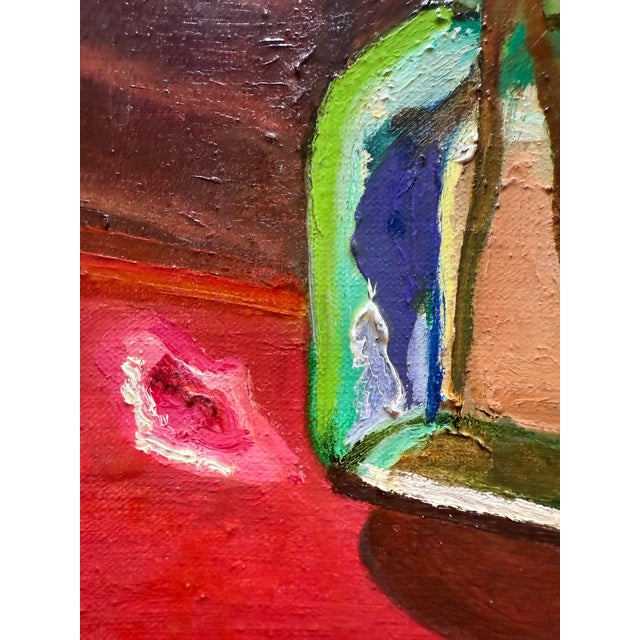 Textile Still Life of Pink Orchids in a Blue Vase, Oil Painting For Sale - Image 7 of 10