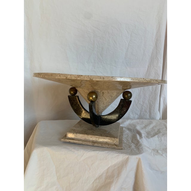 An 80s tessellated stone bowl on an Art Deco revival black pedestal with gold ball details. Whether used as a decorative...