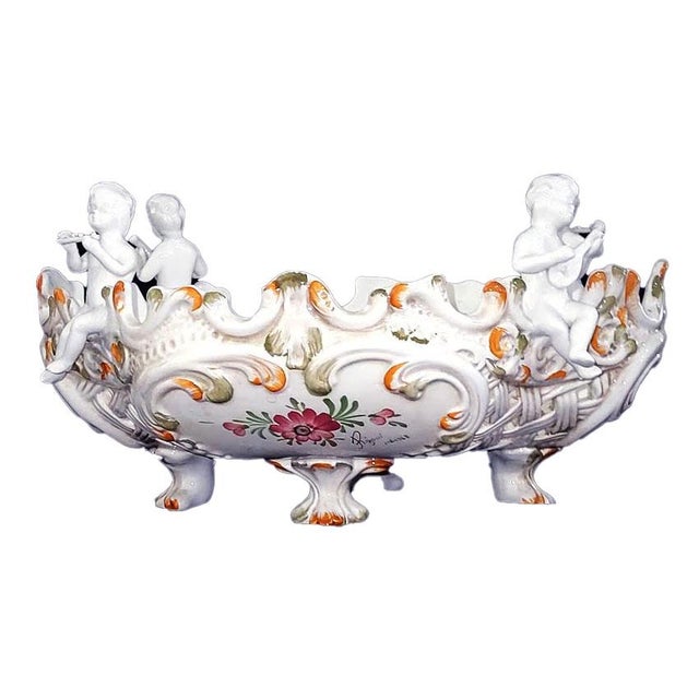 White Large Capodimonte Porcelain Centerpiece Putti Cherub Figural Reticulated Centerpiece Bowl - Signed - Circa 1948 For Sale - Image 8 of 9