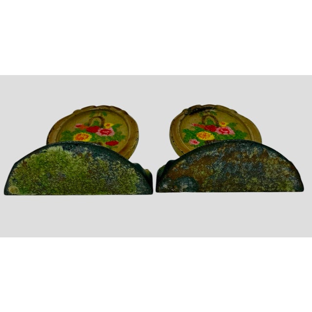 Gold 1920’s Cast Iron Bookends Handpainted Enamel Finish Oval Shape Basket Filled With Flowers Motif - A Pair For Sale - Image 8 of 12