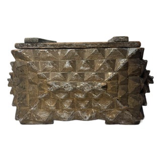 Late 19th Century Antique Rustic European Tramp Art Lidded Solid Wood Decorative Box For Sale