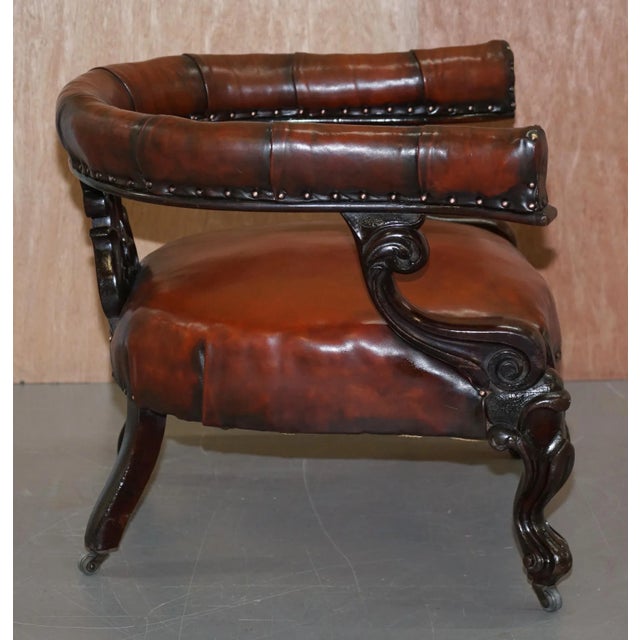 Regency Carved Hardwood Brown Leather Armchair For Sale - Image 10 of 16