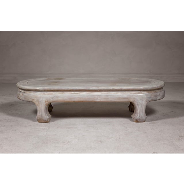 Wood Teak Wood Vintage Whitewash Low Coffee table with Oval Top and Carved Legs For Sale - Image 7 of 12