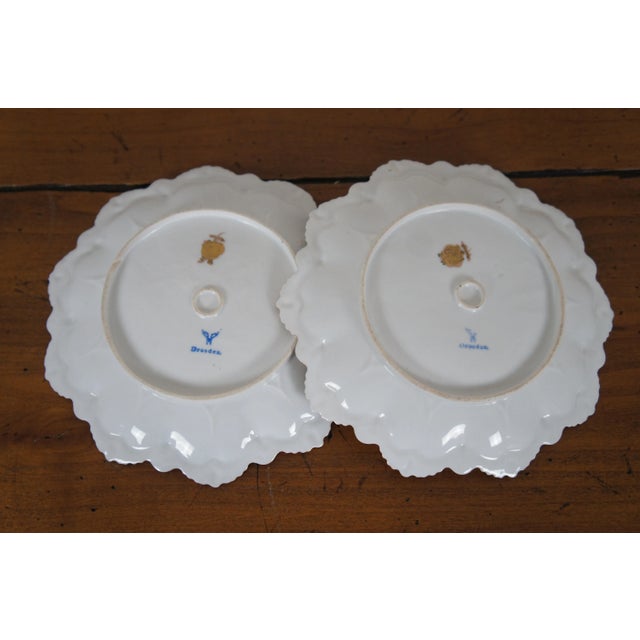White Set of 2 Antique Franziska Hirsch Dresden Porcelain Polychrome Scalloped Floral Plates For Sale - Image 8 of 10