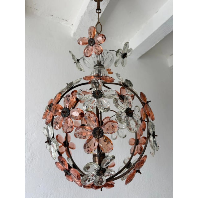 Glass 1920s French Peach Flower Ball Crystal Prisms Maison Baguès Style Chandelier For Sale - Image 7 of 11