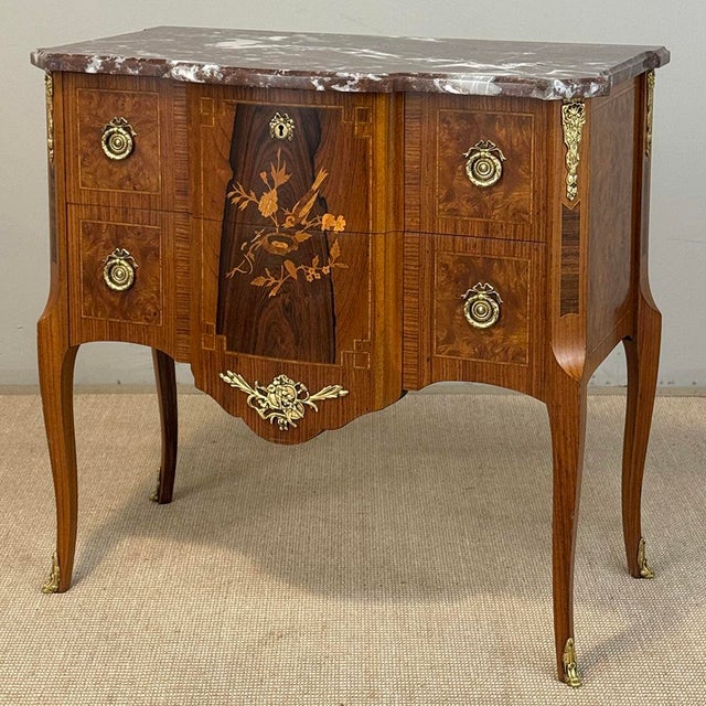 French Antique French Louis XVI Marquetry Rouge Marble Top Commode For Sale - Image 3 of 18