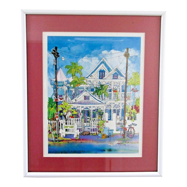 American Artist Ann Irvine Framed Key West House Lithograph 859/1000 For Sale