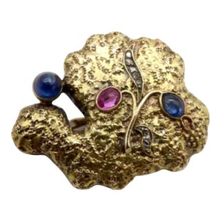 Circa 1922 14K Gold Sapphire, Diamond, and Ruby Organic Brooch For Sale