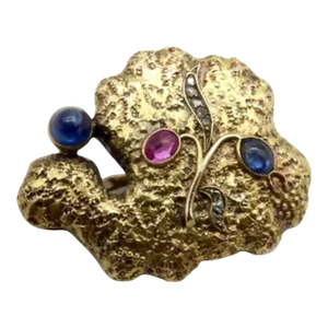 Circa 1922 14K Gold Sapphire, Diamond, and Ruby Organic Brooch