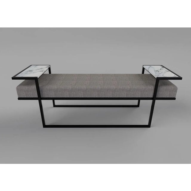 Industrial Style Eros Bench in Blackened Steel, Marble Tray & Jasper Fabric by Casa Botelho For Sale - Image 9 of 11