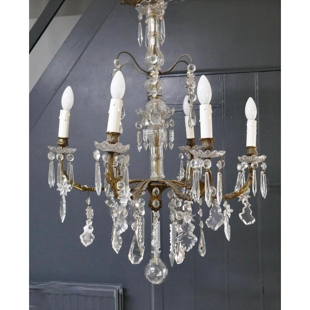 French Crystal 6-Arm Chandelier in Brass, 1920 For Sale - Image 8 of 9