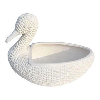 Ceramic White Faux Wicker Duck Planter For Sale