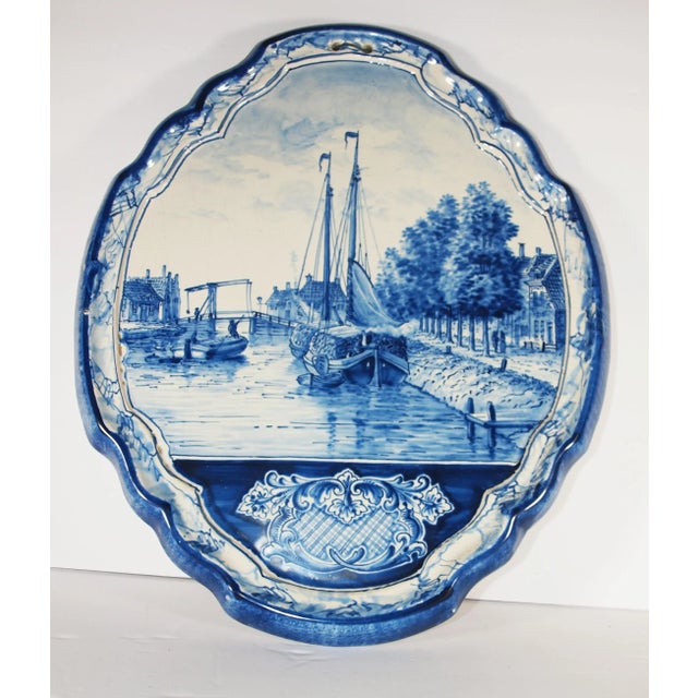 Royal Blue Two Antique Dutch Royal Makkum Delft Blue & White Plaques W/ Dutch Fishing Vessels For Sale - Image 8 of 11