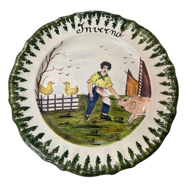 2000 - 2009 Set of Four Vintage Italian Hand-Painted Faience "Four Seasons" Ceramic Plates For Sale - Image 5 of 12