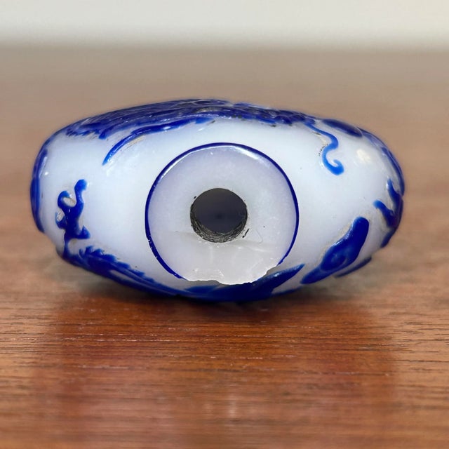 Glass Early 20th Century Chinese White Peking Glass Blue Overlay Carved Dragon Snuff Bottle For Sale - Image 7 of 10