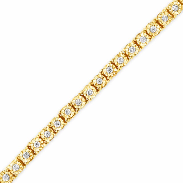 Early 21st Century 10K Yellow Gold Plated .925 Sterling Silver 1.0 Cttw Miracle-Set Diamond Round Faceted Bezel Tennis Bracelet (I-J Color, I3 Clarity) - 5" For Sale - Image 5 of 7