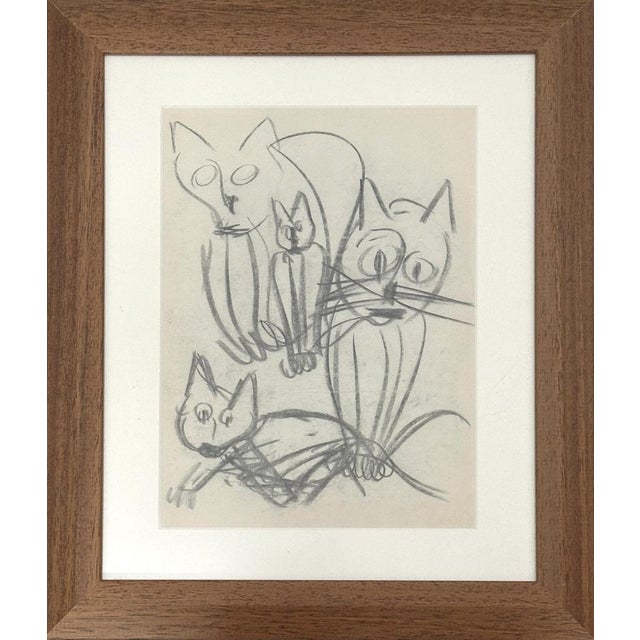 Dutch Artist, Expressive Cat with Kittens, Pencil Drawing, 1966, Framed For Sale - Image 9 of 11