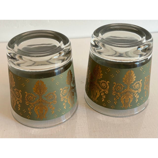 1950s 1950s Midcentury Laurel & Lyre Green and Gold Barware Rocks Glasses, Set of 2 For Sale - Image 5 of 7