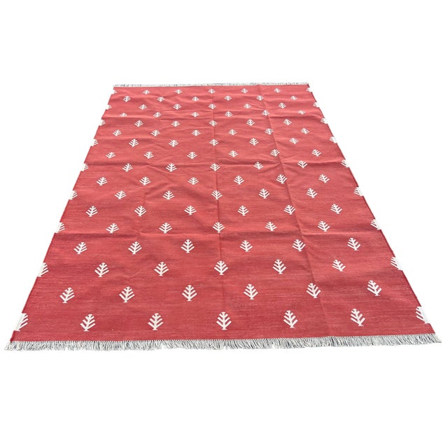 Casa Cosima Handwoven Cotton Area Rug, Terracotta and White Tree Patterned Dhurrie - 6'x9' For Sale - Image 4 of 12
