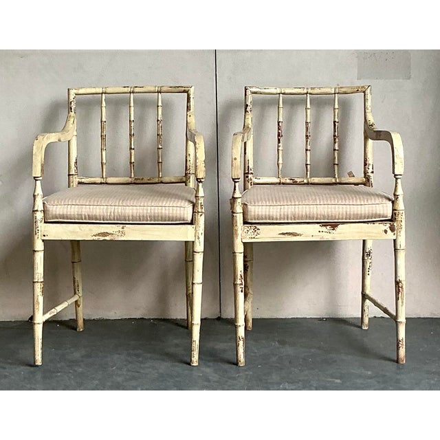 Mid 20th Century Vintage Boho Patinated Cane Arm Chairs - A Pair For Sale - Image 5 of 9