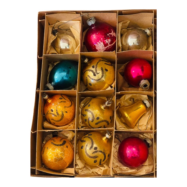 1950 Th Boxed Lot American Mercury Glass Shiny Btight Christmas Ornaments For Sale