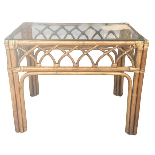Contemporary Pair Vintage 1970s California Organic Modern Cathedral Arch Rattan Side Tables For Sale - Image 3 of 12