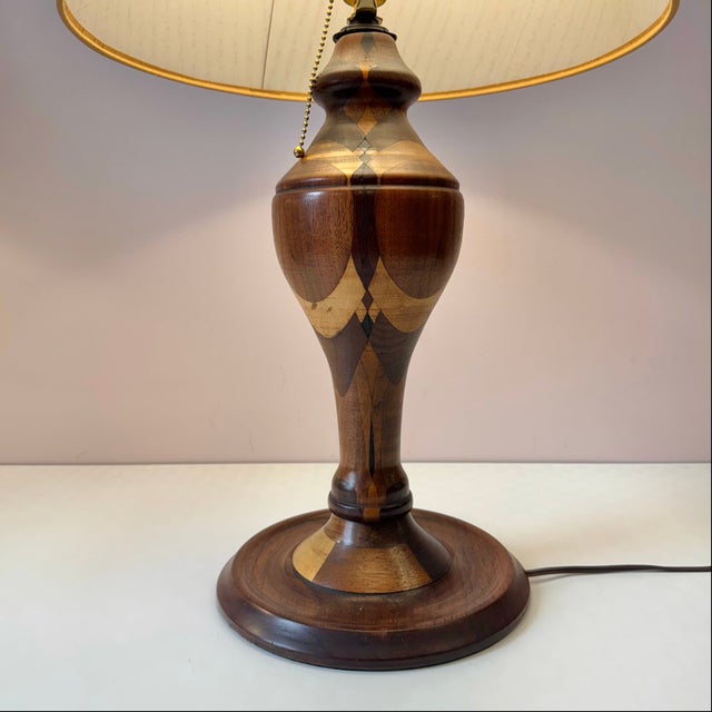 Mid-Century Turned Mixed Wood Lamp With Shade For Sale - Image 4 of 8