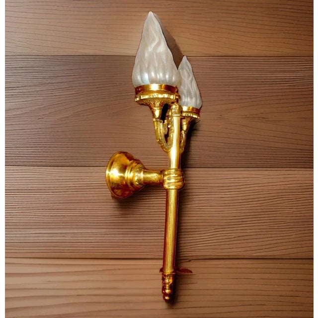 Antique 20" French Regency Brass/ Bronze Hand Held Torch Wall Sconce With Flame Shades For Sale In Miami - Image 6 of 18