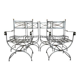 Maison Jansen Styled Exterior Iron Dining Chairs With Cushions, Set of 6 For Sale