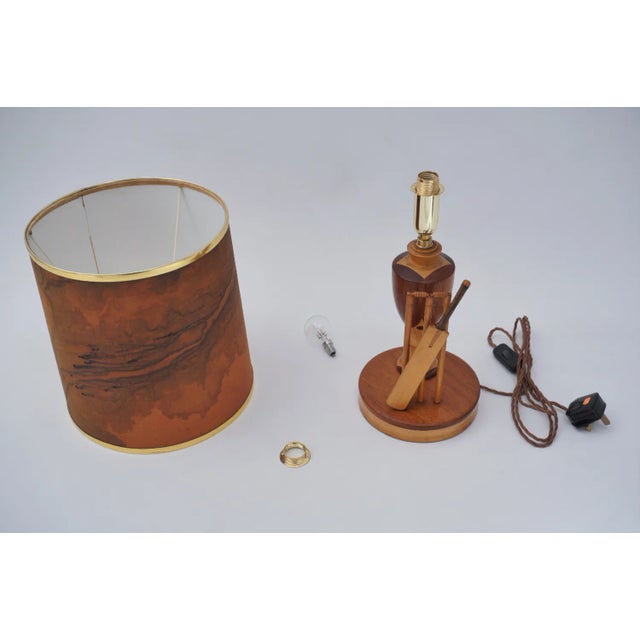 1950`s English Marquetry Wood Inlaid Table Lamp, Sport Cricket Theme, Rewired For Sale - Image 9 of 13