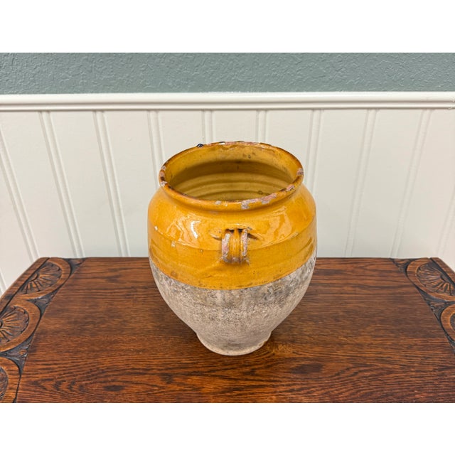 Antique French Country Confit Pot Pottery Jug Glazed Ochre Yellow Large #2 For Sale - Image 11 of 17