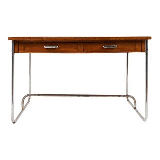 1930s Schumacher French Tubular Oak & Chrome Desk with Drawers For Sale