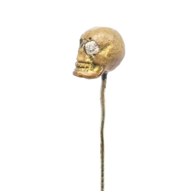 1990s Old or Antique Estate Bronze Skull Memento Mori Stick Pin With Glass Eyes For Sale - Image 5 of 12