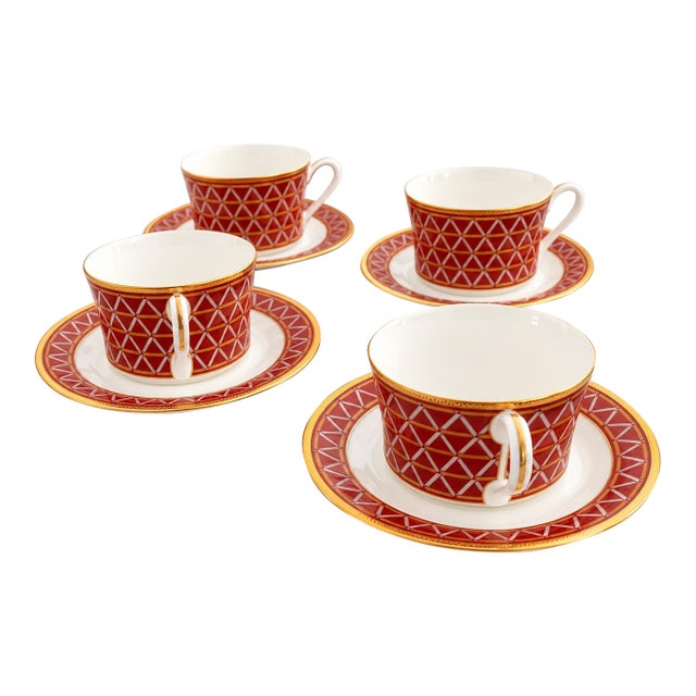 Noritake Crochet 4966 Red & Gold Bone China Tea Cups and Saucers – Set of 8 For Sale
