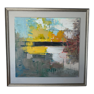 1980s Abstract Oil Painting of Train Passing Through the Marshes in Scarborough, Maine. Large, on Panel.
