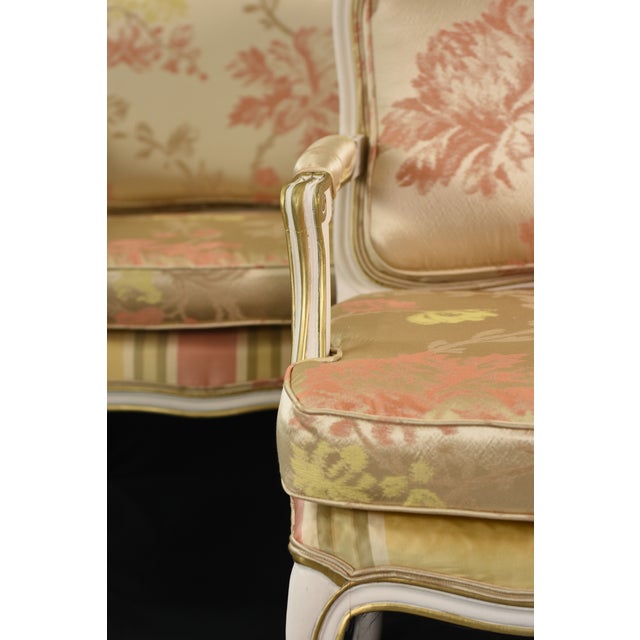 Textile Pair Scalamandre Mallorcan Salmon Magical Silk Lampas Reupholstered Vintage Accent Chairs For Sale - Image 7 of 15