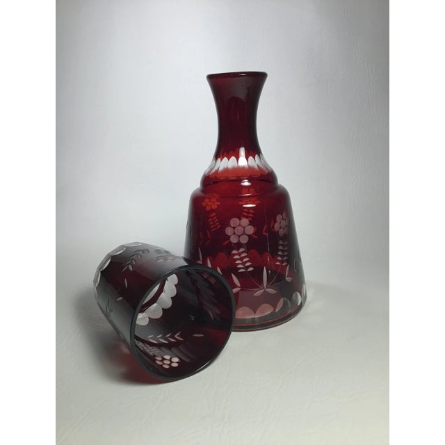 Victorian Vintage Bohemian Ruby to Clear Cut Glass Bedside Water Crafe and Drinking Glass Set- 2 Pieces For Sale - Image 3 of 7