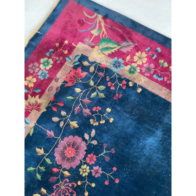 1920-1930's Antique Art Deco Asian Botanical Garden Magenta Berry Navy Purple Green Rug 9 2 X 11 8 For Sale - Image 9 of 13