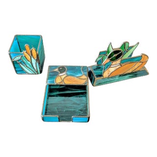 '89 Mallard Duck Themed Desk Set in Stained Glass Signed - 3 Pieces For Sale