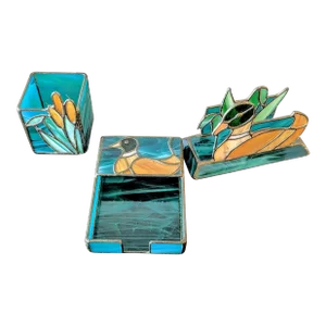 '89 Mallard Duck Themed Desk Set in Stained Glass Signed - 3 Pieces