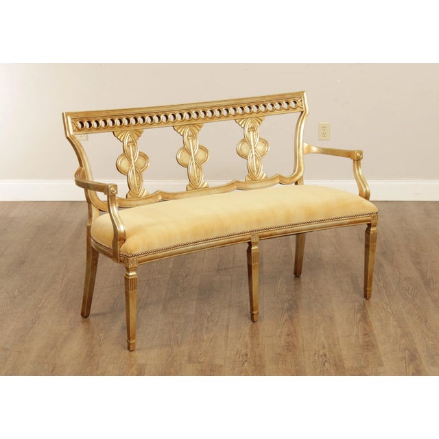 High Quality Vintage Custom Upholstered Giltwood Bench with Carved Pierced Backrest