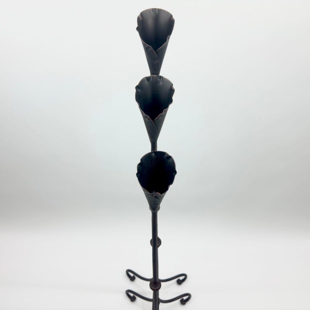 2020s Hand Forged Iron Candelabra Set of 3 (97-117cm) Antique Copper Finish Slender Stem with Lily Cups For Sale - Image 5 of 9