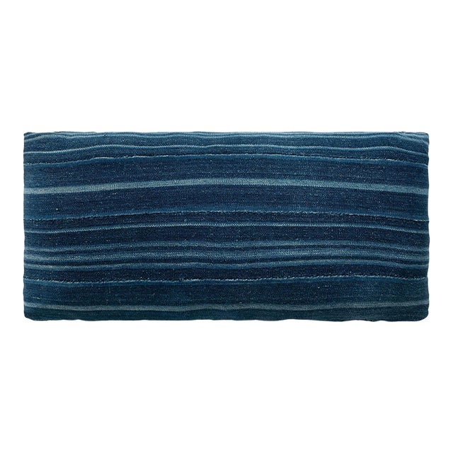Large Faded Indigo Tone-On-Tone Striped Lumbar Cushion For Sale