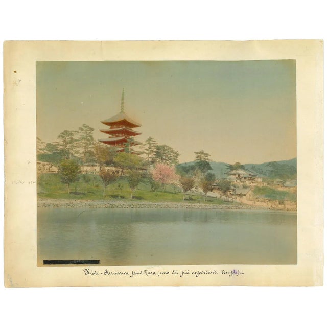 Ancient View of Temple in Kyoto is an original vintage Albumen print on single cardboard: hand colored, measuring 26 x 34...