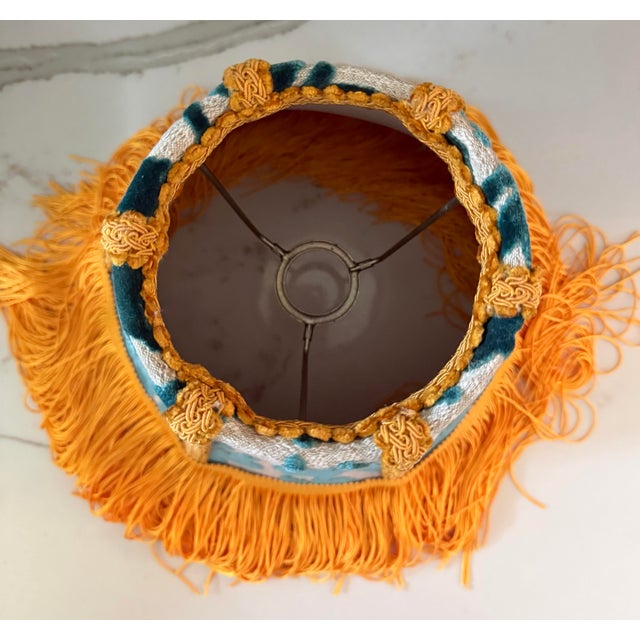 Hollywood Regency Covington “Luv Bunny” Teal Velvet Lampshade With Yellow Fringe For Sale - Image 3 of 4