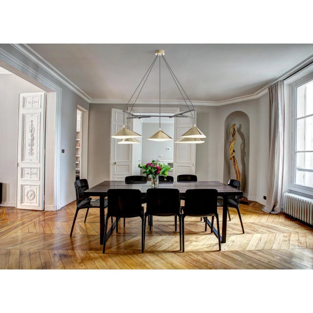 Large Daniel Becker 'Emily 5' Chandelier in Brass and Oak Frame for Moss Objects. Designed by Berlin luminary Daniel...